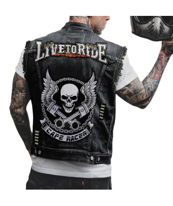 Biker-Jeansweste mit Patch – Café Racer Winged Skull brillant des détails fins