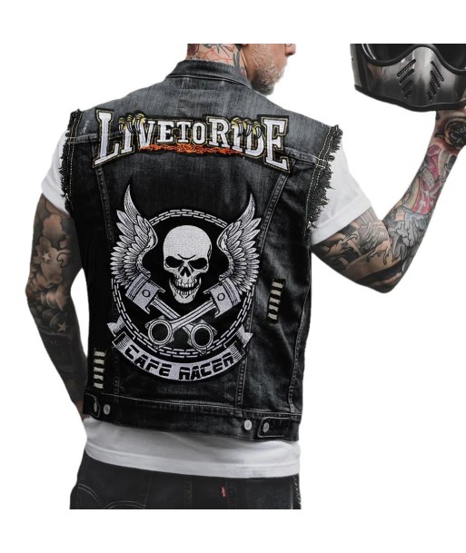 Biker-Jeansweste mit Patch – Café Racer Winged Skull brillant des détails fins