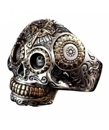 Bague motard - Crâne mexicain brillant des détails fins