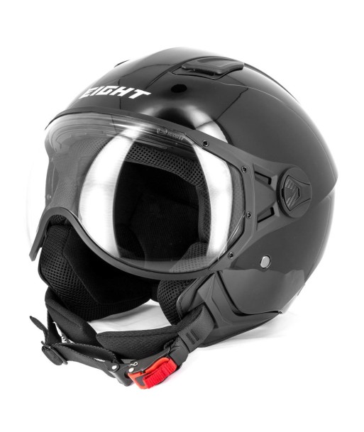 Casque jet moto aviateur - Eight Noir Brillanc de pas cher